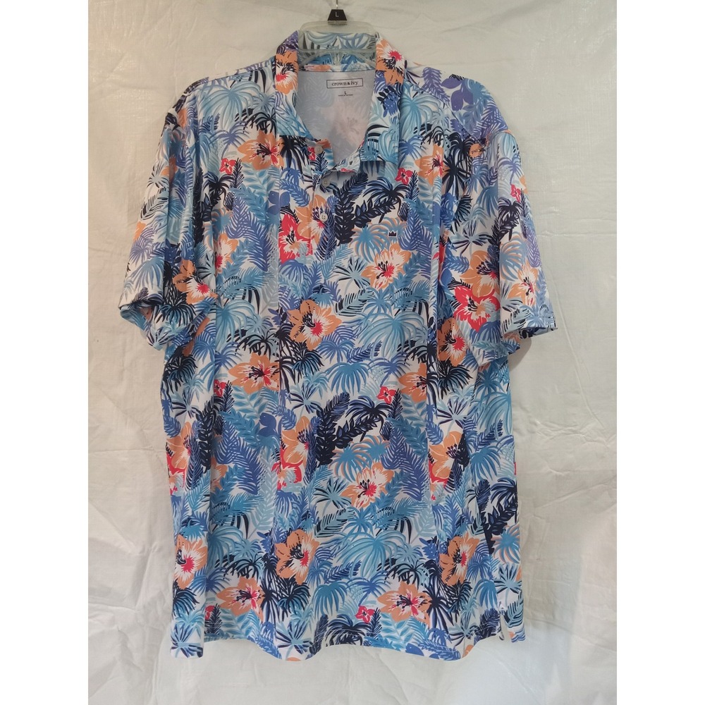 Crown & Ivy Mens Large Tropical Floral Palm Leaf Performance Polo Shirt Blue L